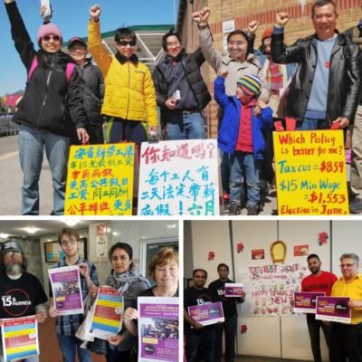 WAC members and allies do outreach to campaign for decent work during the 2018 Ontario elections.