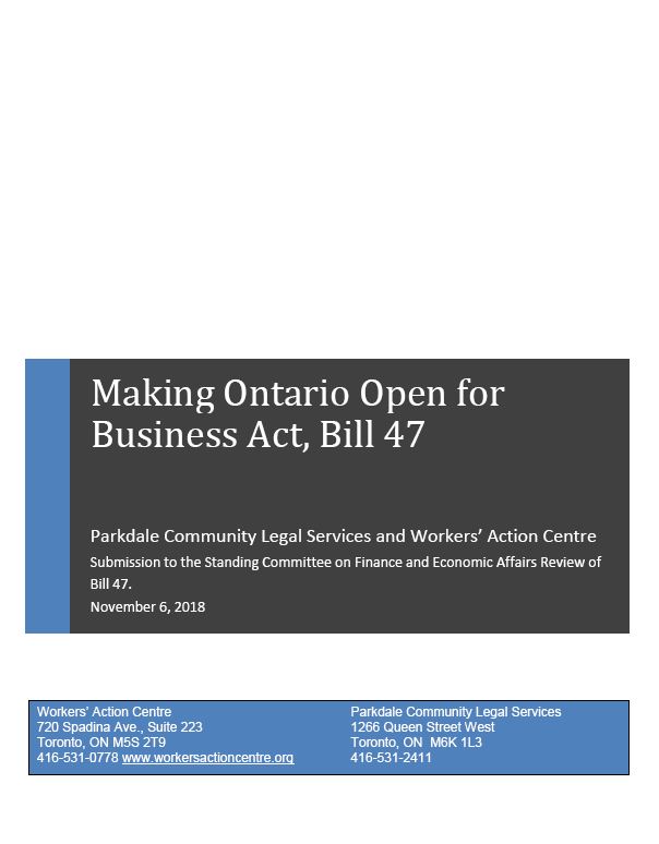 Submission on Bill 47 Making Ontario Open for Business Act