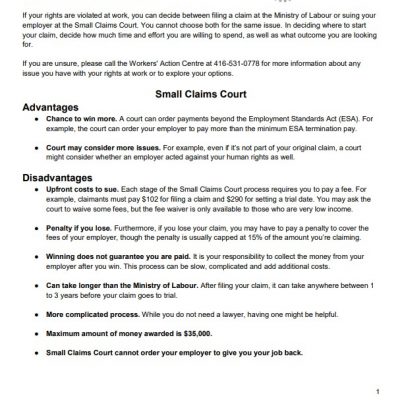 link to fact sheet Ministry of Labour versus the Small Claims Court
