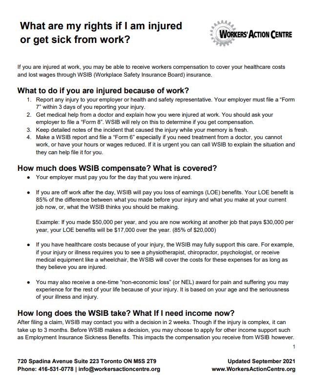 link to fact sheet What are my rights if I am injured or get sick from work?