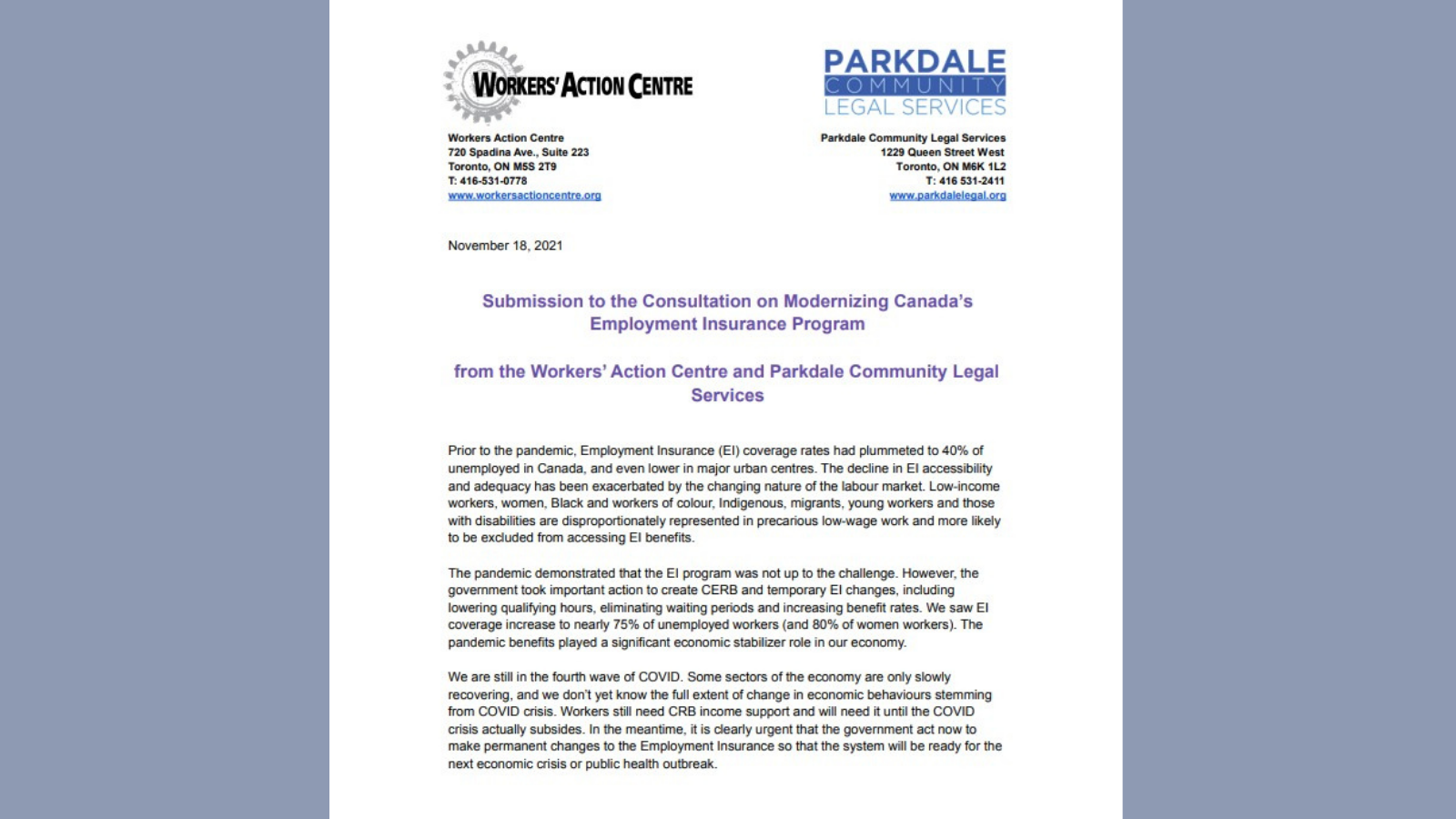 Submission on the Employment Insurance Review