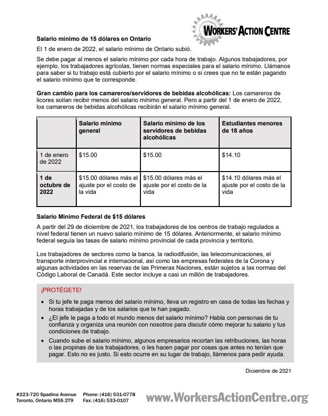 link to Minimum Wage fact sheet in Spanish